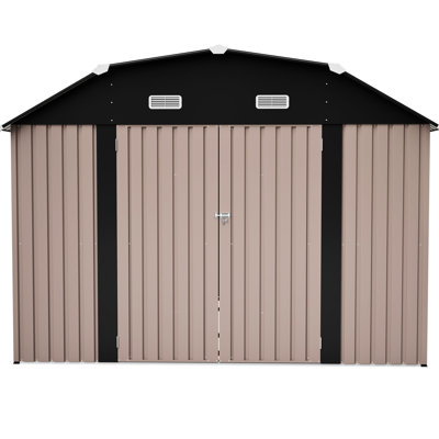Remise à outils extérieure en métal 10 pi 12 po avec cadre de plancher, matériau en acier galvanisé brun, caractéristiques résistantes aux intempéries, toit incliné pour résister à la pluie, intérieur spacieux et fenêtres à conception intelligente