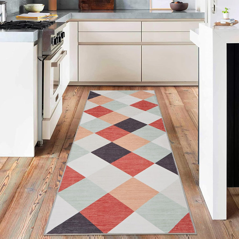 Machine Washable Plaid Runner Rug for Hallway, Kitchen, Bedroom, Living Room, 2x6, Navy & White, Abstract Geometric Design