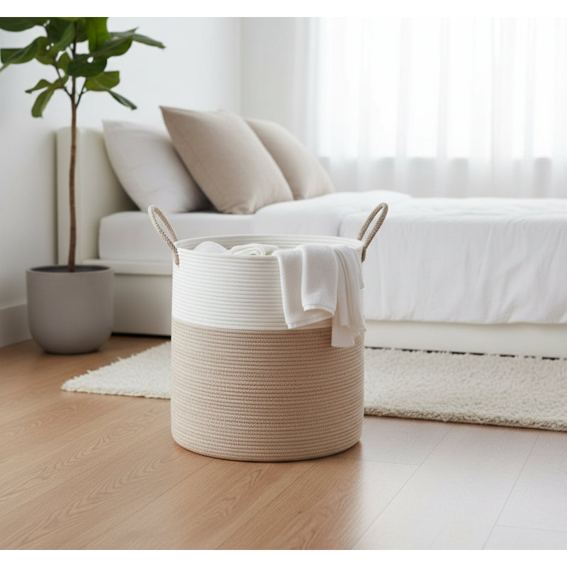 Grand panier pliable 100L avec poignée 18,5 x 21 po pour vêtements et couvertures sales, Brun / Blanc