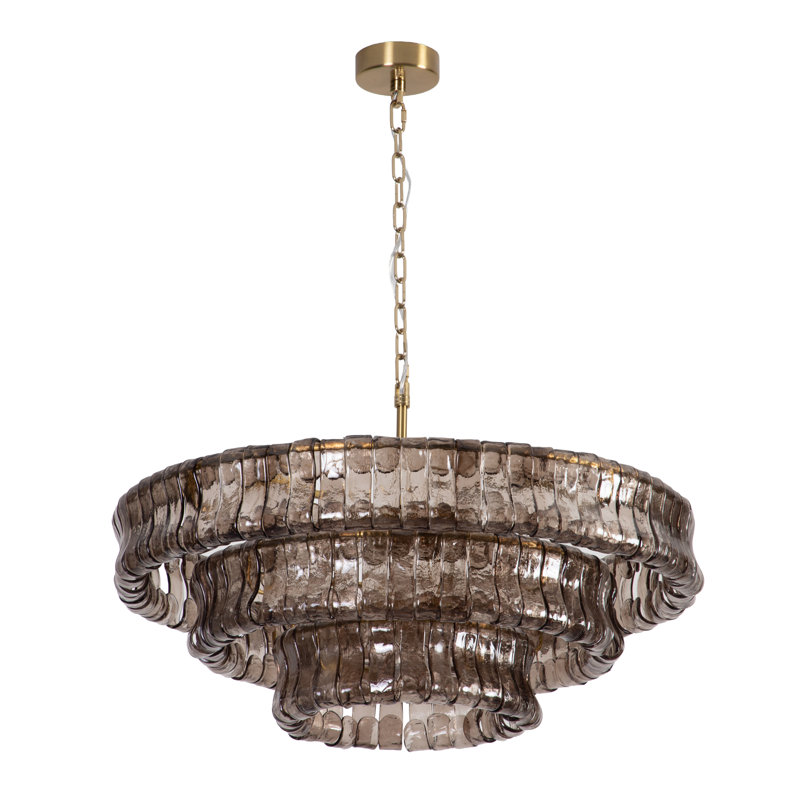 9-Light 32"W Polished Brass Modern Tired Chandelier With Hand-Blown Amber Glass For Dining Room Or Living Room, Gray
