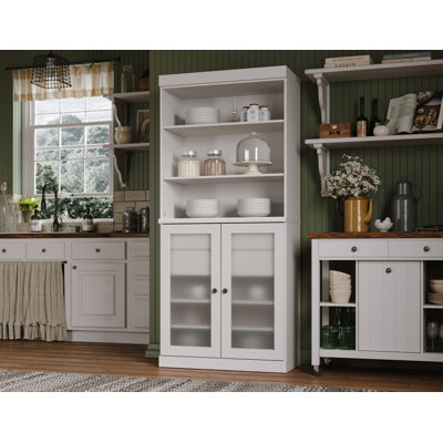 Armoire Katryn 100% bois massif avec portes en verre givré et 2 tiroirs