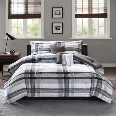 Édredon double / grand écossais - Literie élégante en noir et gris avec édredon, taies décoratives, 2 coussins décoratifs