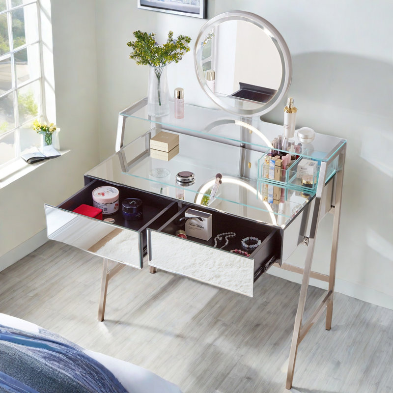 Coiffeuse Fumiaki avec miroir éclairé, 2 tiroirs, une tablette ouverte, des boîtes de rangement et une station de charge