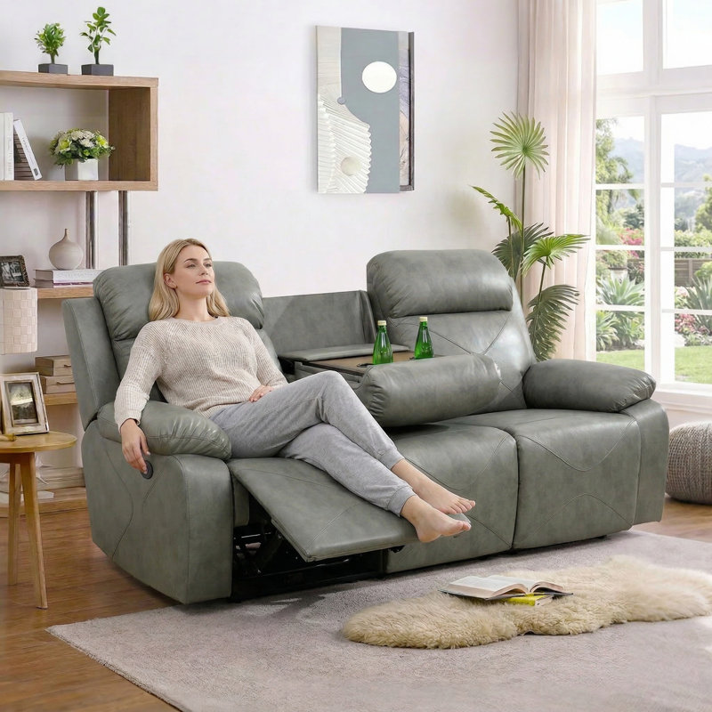 Canapé inclinable électrique en cuir gris respirant - 3 places avec table rabattable, porte-gobelets, charge USB et lumières DEL, conception ergonomique pour le soutien du dos
