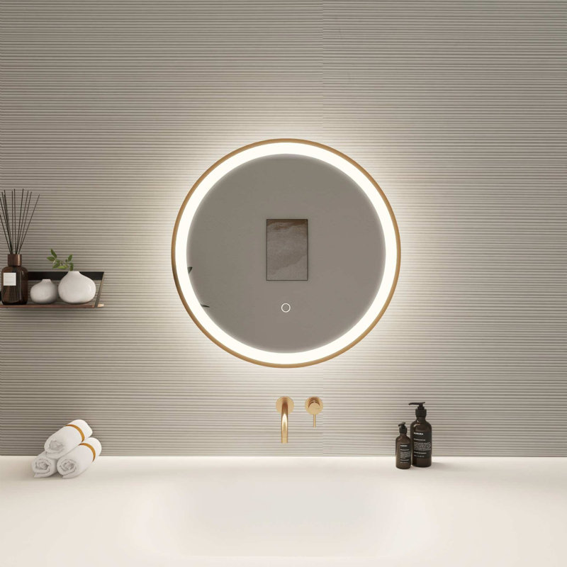 21 Round LED Front and Backlit Wall Mirror in Satin Gold, Satin Gold, 21" x 21"