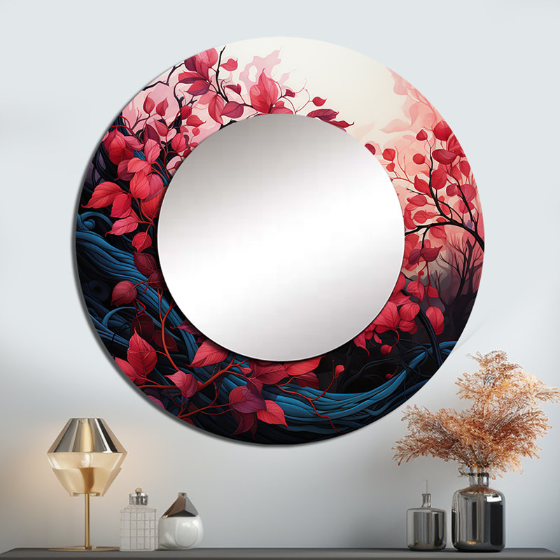 Rushan rouge et noir minimaliste botanique feuilles - miroir décoratif de feuilles, miroir mural rond traditionnel, impression d'art en métal