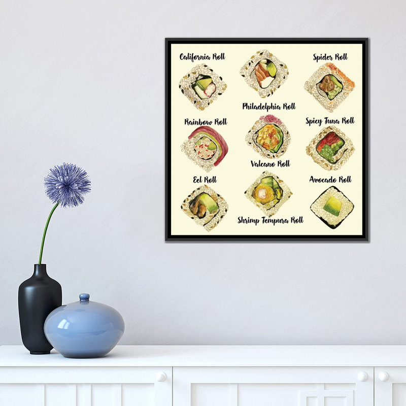 "Sushis II" par Melissa Wang, impression sur toile tendue, H 18 po x l 18 po x P 1,5 po, Toile avec cadre noir, Pas de tapis