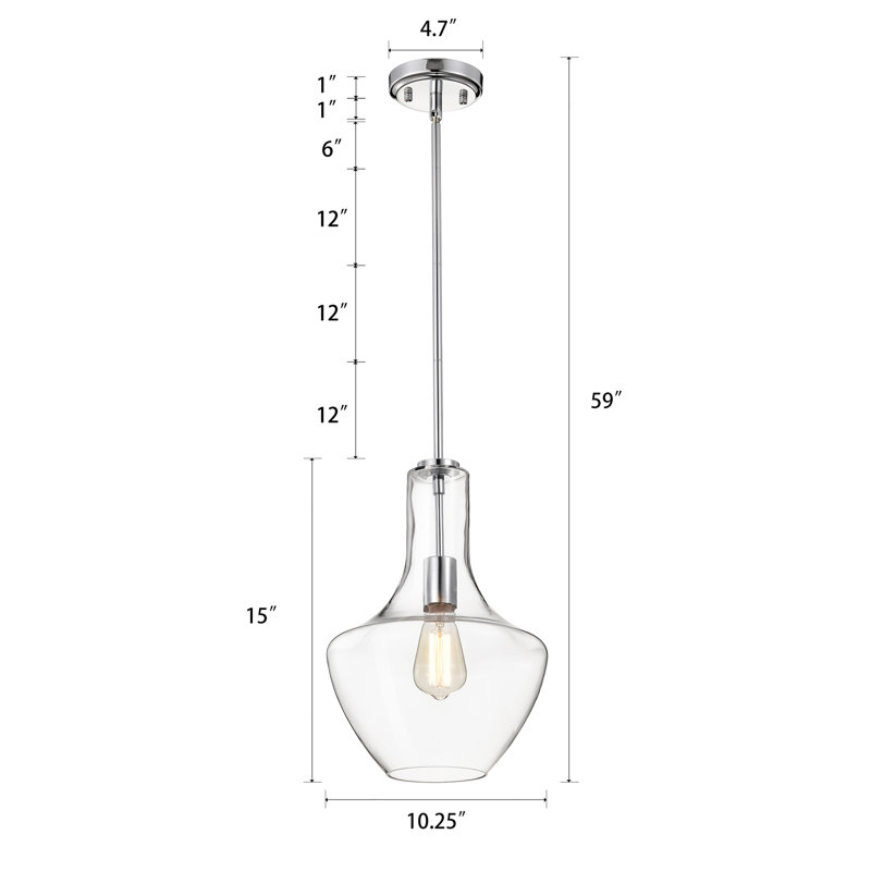 Farmhouse Chrome Pendant Light, Adjustable Height Dimmable Hardwired Pendant, Clear Glass, Clear Glass, Chrome