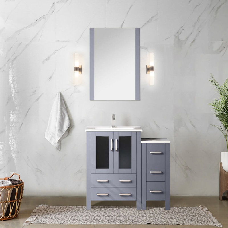 36 po L x P 18,25 gris foncé avec meuble-lavabo, comptoir en céramique blanche et robinet, comptoir à griffer et à fermeture en douceur - comptoir