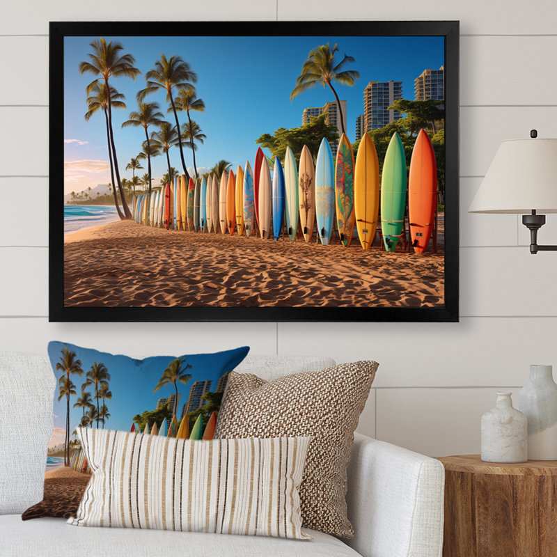 Truitts Hawaii Surfers Paradise - Art mural d'Hawaï, H 30 po x l 40 po x P 1,5 po, Cadre simple noir