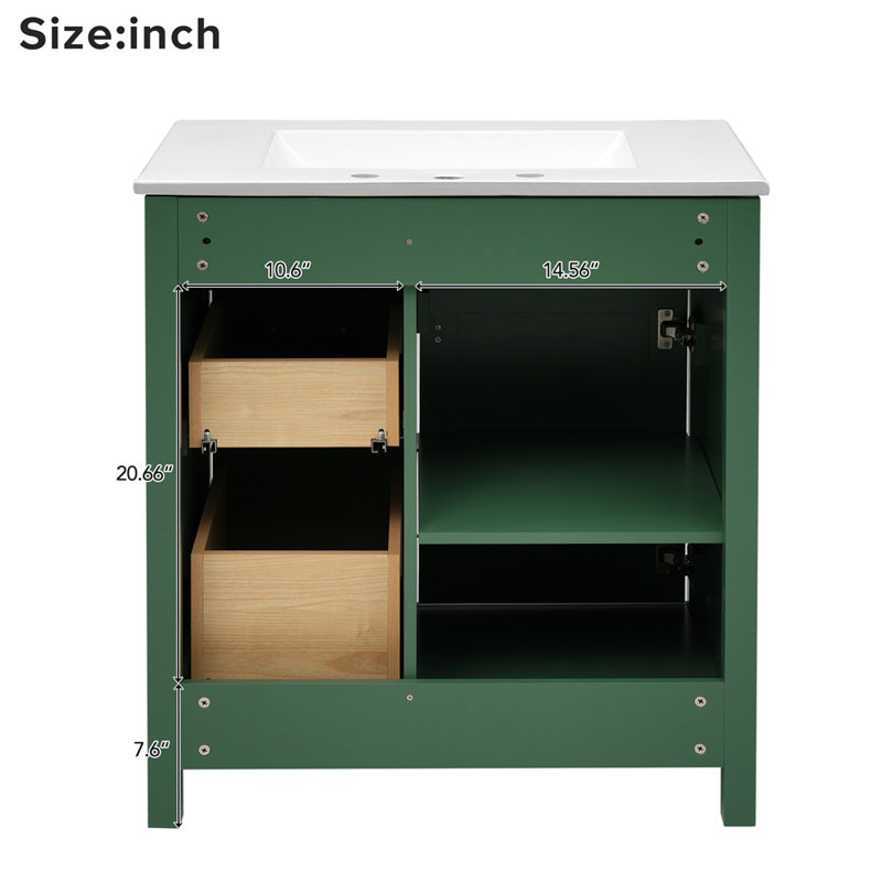 Meuble-lavabo vert de 30 pouces avec lavabo en céramique et beaucoup de rangement - le choix idéal pour les petites salles de bain