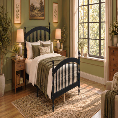 Queen Size Wood Platform Bed Frame with Windsor Spindle Headboard and Footboard, Arched Design with Ball Finials - Black
