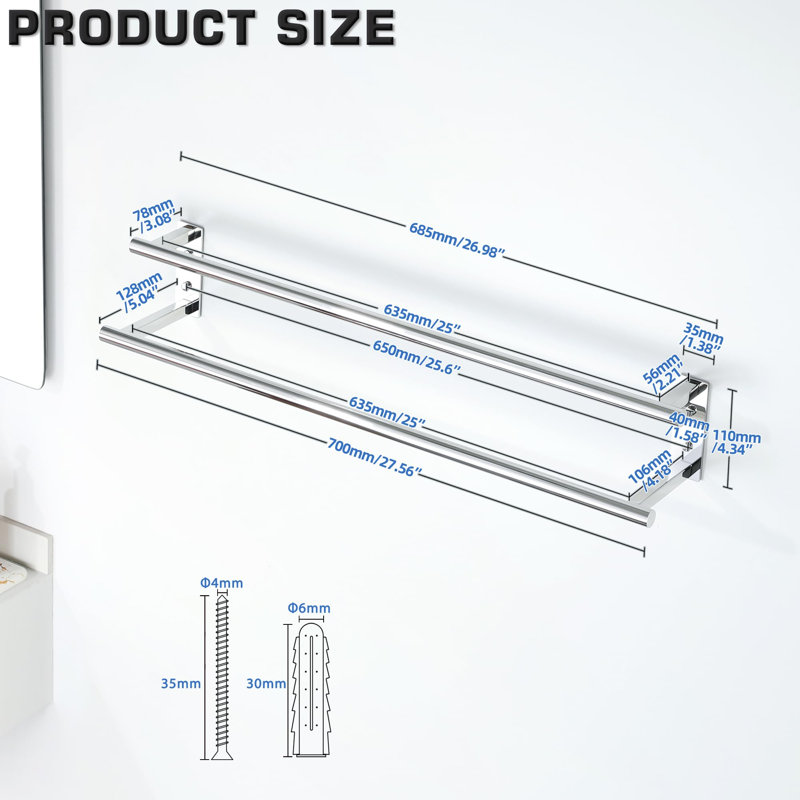 Double barre à serviettes 28 po pour salle de bain murale, chrome poli, Polished Chrome