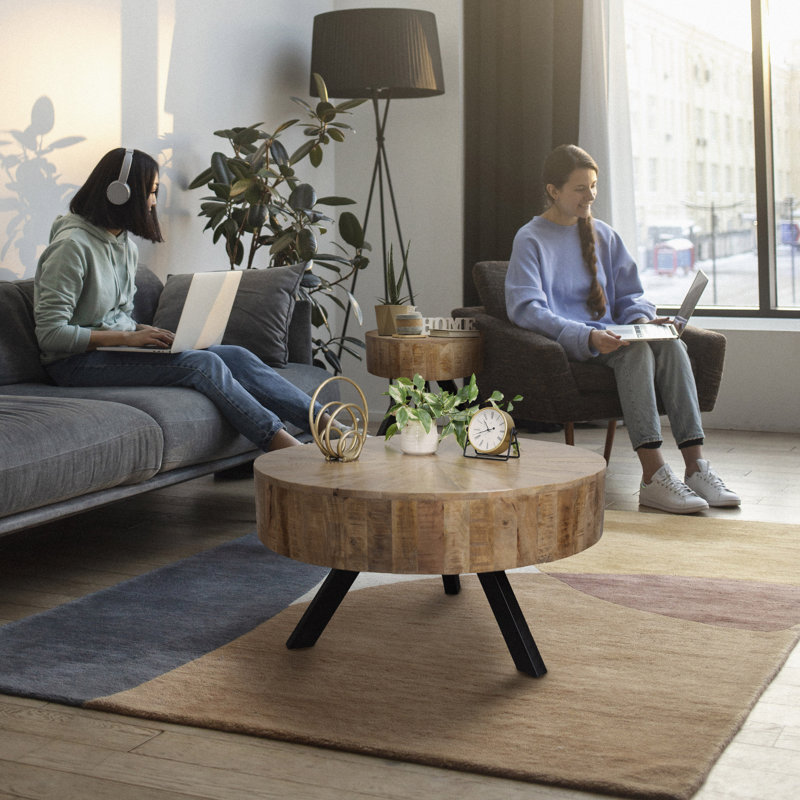 Handcrafted Rustic Round Mercury Coffee Table - Natural Mango Wood with Metal Legs
