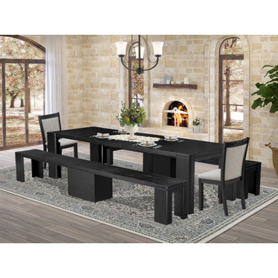 Ensemble de table de salle à manger 5 pièces comprenant une table de salle à manger rectangulaire, 2 bancs en bois et 2 chaises de salle à manger en lin Shitake, noir brossé