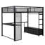 Lit mezzanine de jeu noir en métal pleine grandeur avec rangement à DEL, bureau, garde-robe ouverte et 3 tiroirs pour le rangement des nécessités quotidiennes