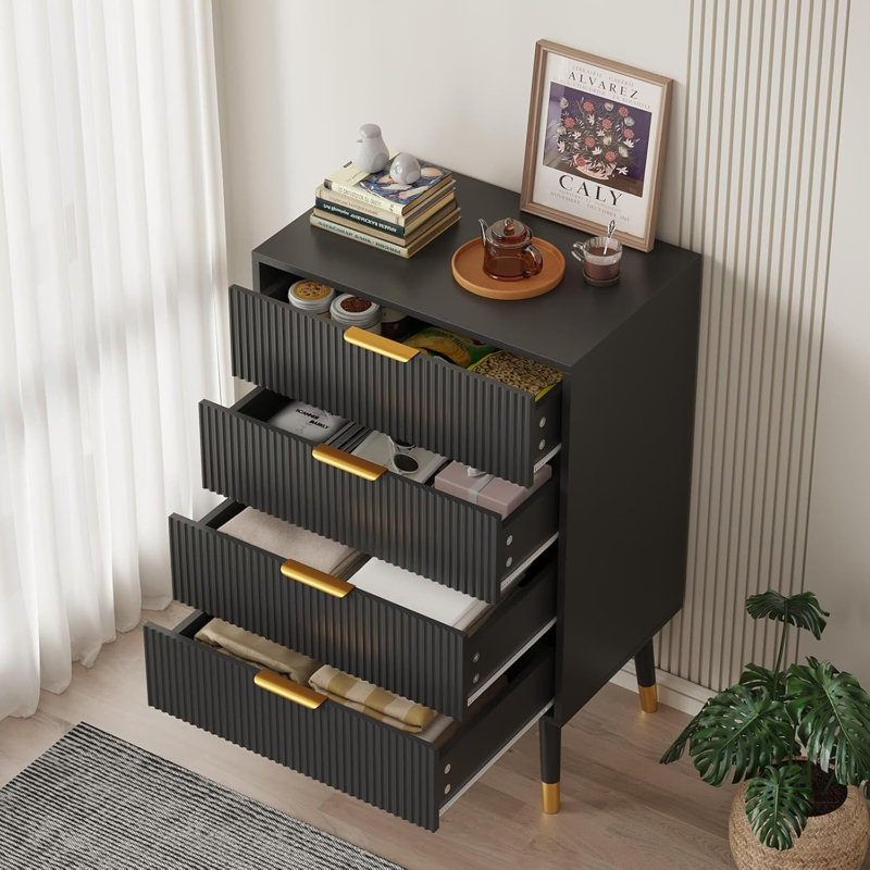 4 Drawer Dresser Tall Dresser With Gold Metal Handles Small Dresser Storage Chest Cabinet, Black