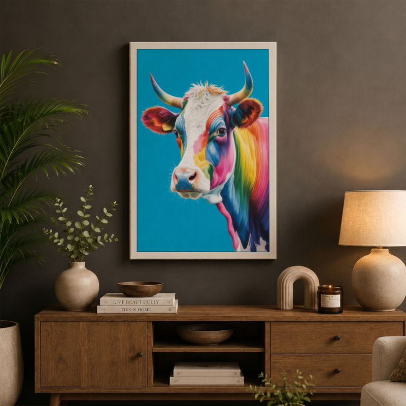 Pop Art Cow Modern - Wrapped Canvas, 24x16 - 61.0 x 40.6 cm, Taupe Border