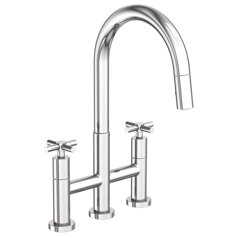 East Linear Pull Down Kitchen Bridge Faucet, Cross Handle, Polished Chrome