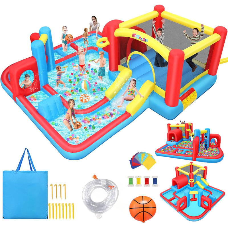 14' X 14' Bounce House With Slide, Inflatable Obstacle Course Bounce House W/Slide For Racing Fun,Climbing,Jumping Castle House,Splash Blow Up Water Slides For Kids Backyard
