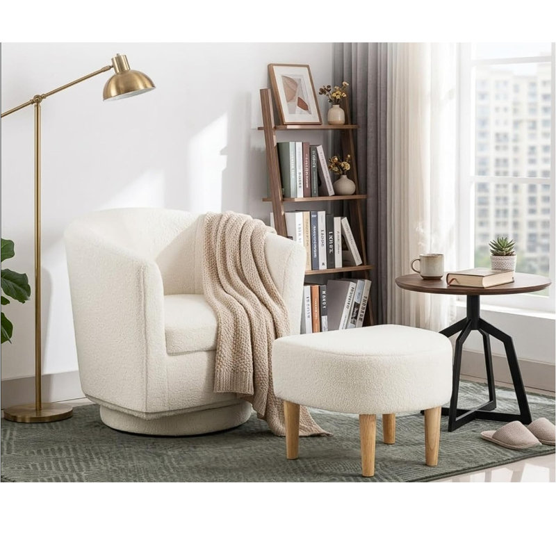 Fauteuil demi-tonneau pivotant avec repose-pieds Sharolynn, Ourson en fausse fourrure blanc
