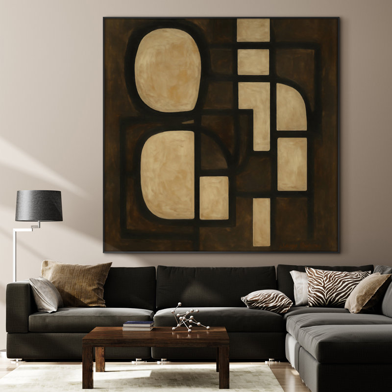 Très grande reproduction d'art géométrique audacieuse - brun foncé et beige, œuvre d'art abstrait Mid-Century pour salon ou chambre à coucher, assemblage requis