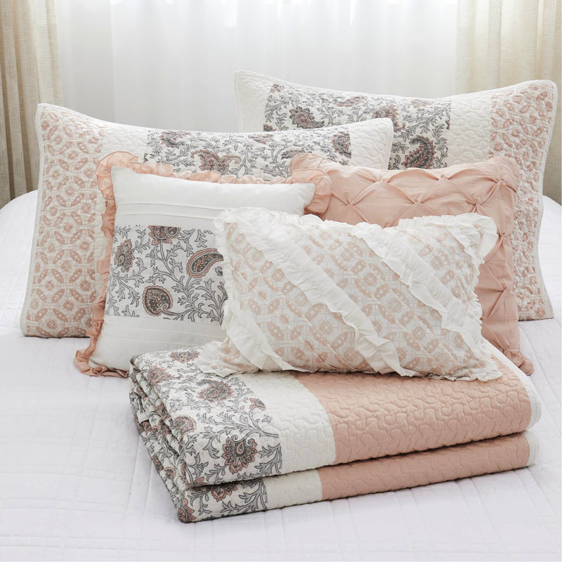Courtepointe 6 pièces en rosé, très grand / très grand, coton, réversible avec combinaisons de coussins très grand rosé, caractéristiques