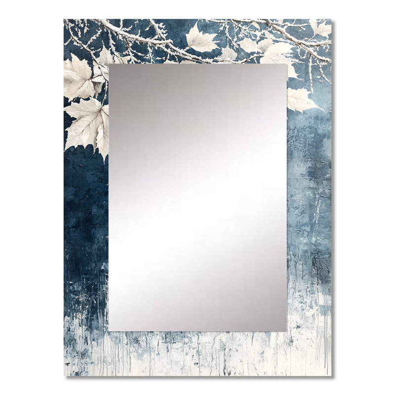 White Frosted Leaves Branches IV - Leaves Decorative Wall Mirror, Traditional Mirror, Printed Metal Art, 32" x 24"