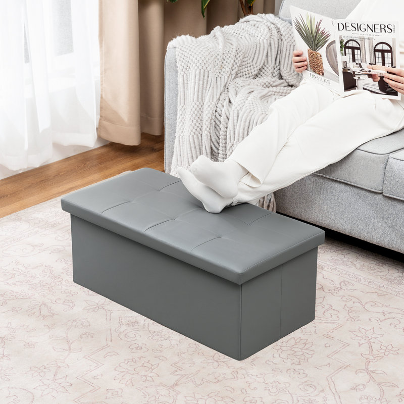 Folding Storage Ottoman With Tray Top – Faux Leather, 30-Inch Collapsible Bench, Footrest & Coffee Table, 300Lbs Capacity