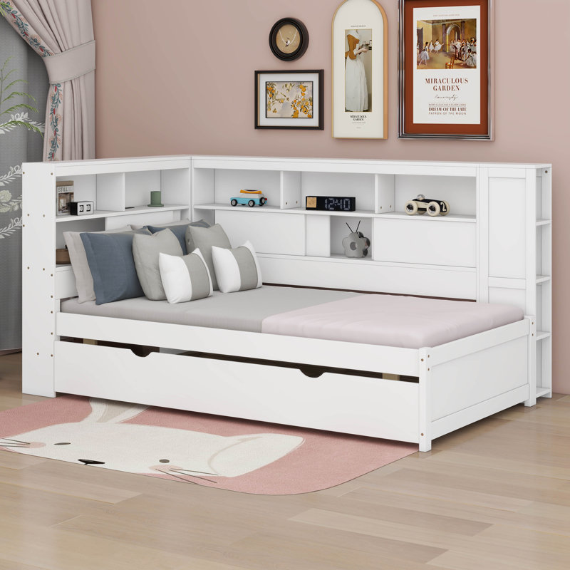 Lit simple en bois avec couchette, tablette et ports de charge USB Flore, Blanc