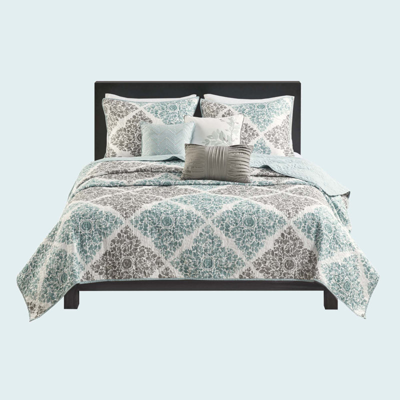 6 Piece Printed Quilt Set With Throw Pillows, Aqua, Full/Queen Quilt + 2 Standard Pillow Shams