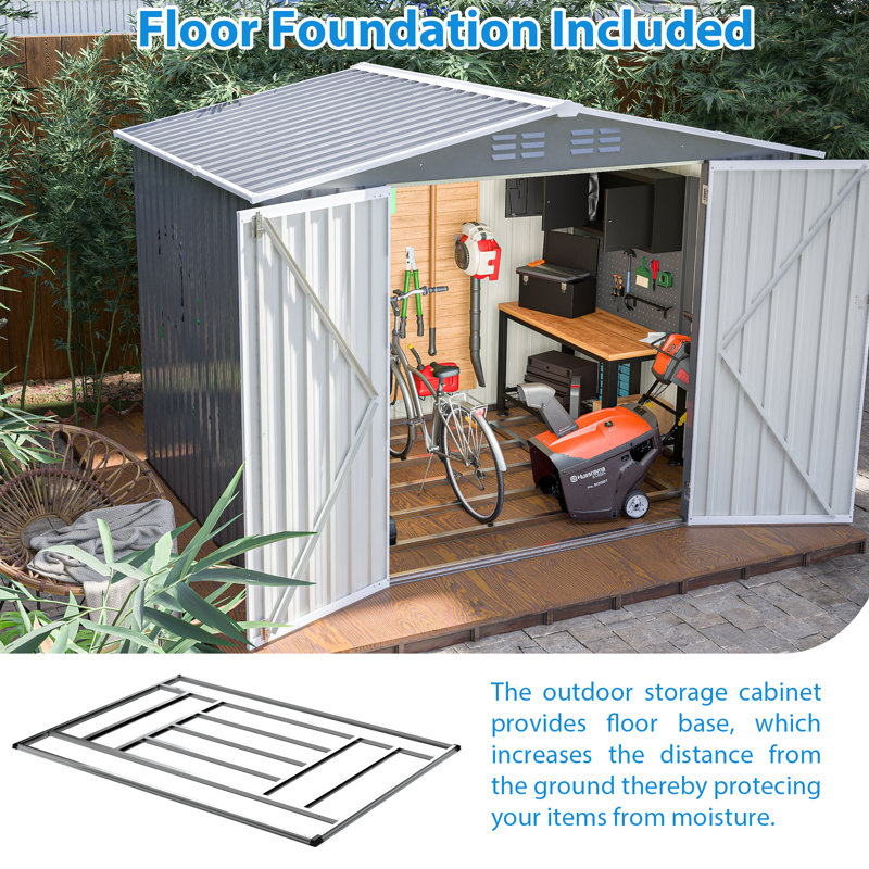 8 FT x 6 FT Rectangular Metal Storage Shed with Floor Frame & Vents, Gray