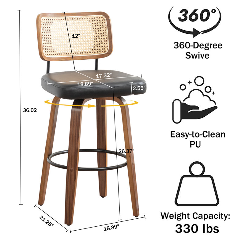 Cane Back Swivel Counter Stool with Faux Leather Seat, Counter Stool (26.37'' Seat Height), Black