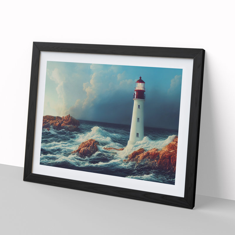 Riveting Lighthouse Seascape - Single Picture Frame Print, 34cm H x 46cm W x 2cm D, Black Framed