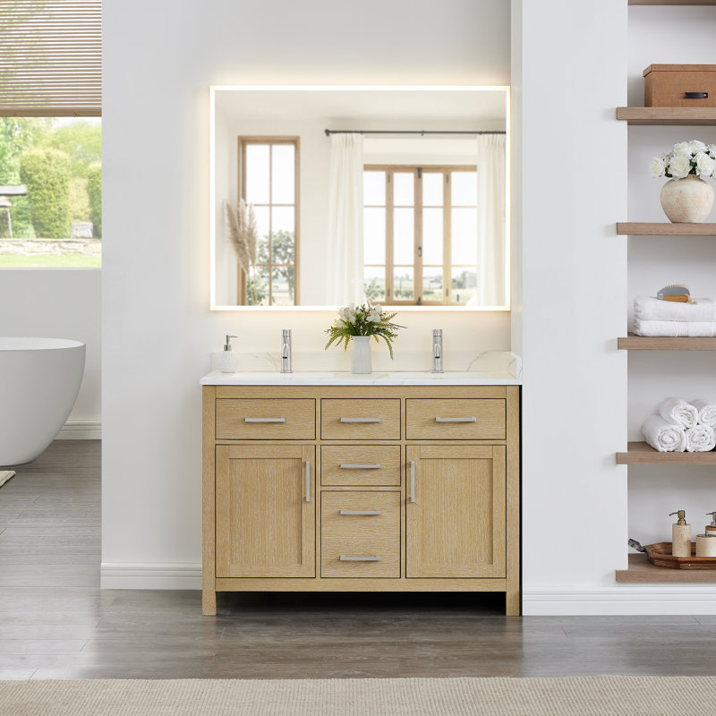 Beckett 48" Freestanding Double Bathroom Vanity with Quartz Top, Brushed Nickel, Giotto Quartz, Whitewashed Oak