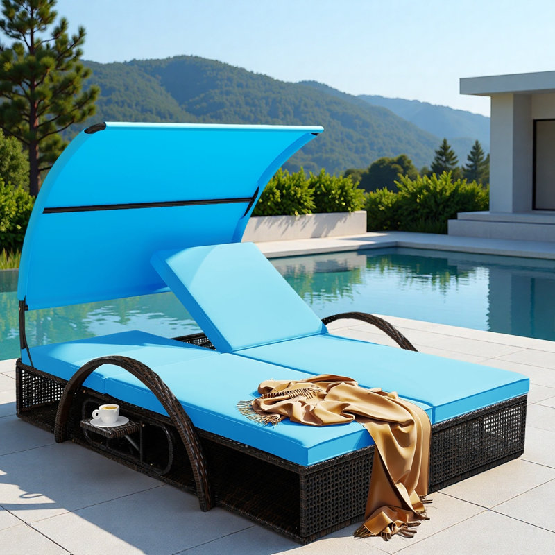 Outdoor Steel Frame Sun Lounger With Curved Sun Canopy, Adjustable Backrest, Hidden Side Table And Arched Armrests, Blue