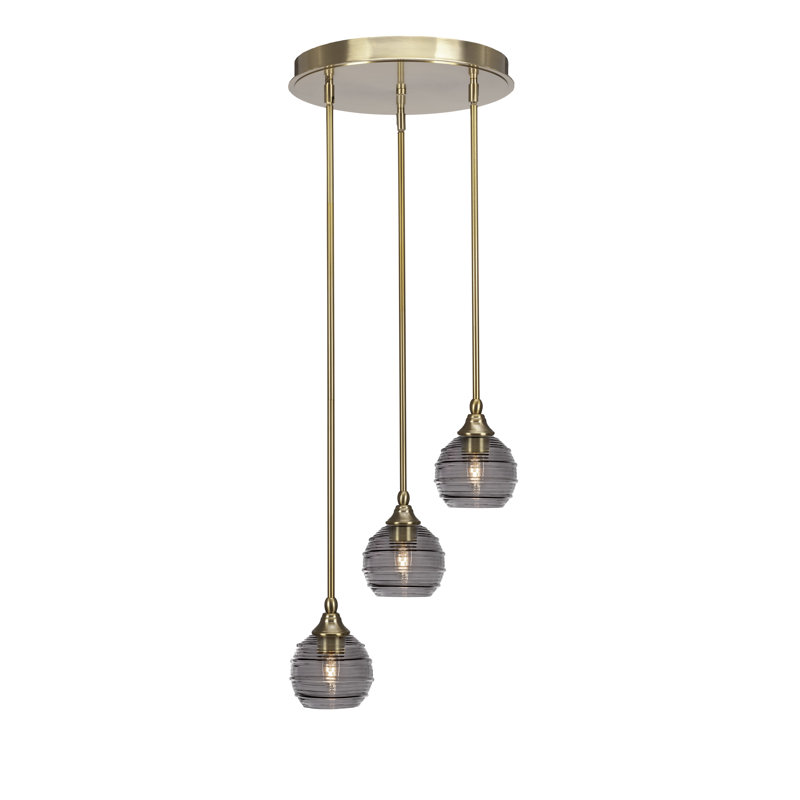 Luminaire suspendu suspendu en grappe à 3 lumières avec verre fumé 6 po Eladia, Laiton New Age