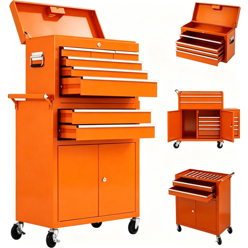 Caisse à outils roulante, chariot / armoire à outils verrouillable 8 tiroirs, organisateur de boîte à outils détachable 2-en-1 pour garage atelier, orange