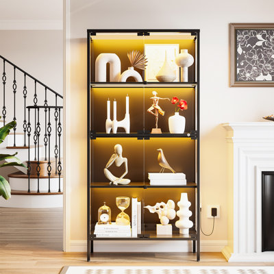 65" Led Glass Curio Cabinet With 3-Colour Lighting & 4 Meatal Shelves