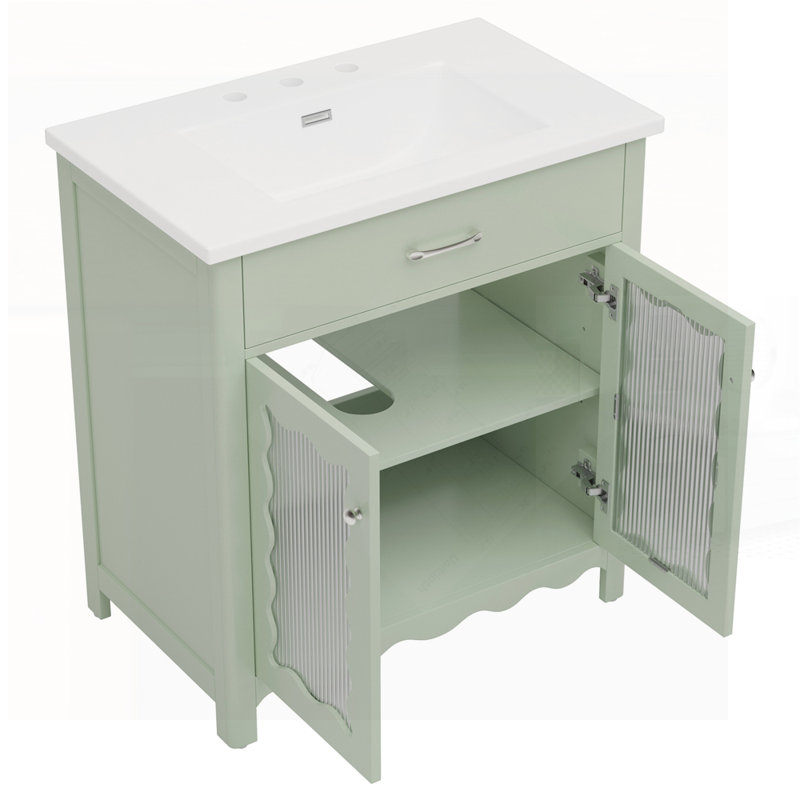 Meuble-lavabo moderne avec verre trempé et portes à fermeture douce, pieds en bois d'hévéa pour plus de durabilité et de style.