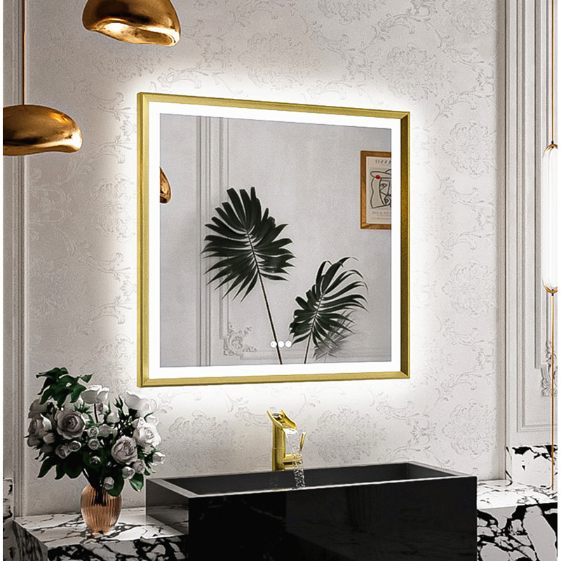 New Rockford Frontlit & Backlit LED Bathroom Vanity Mirror, 36" x 36", Gold, Square