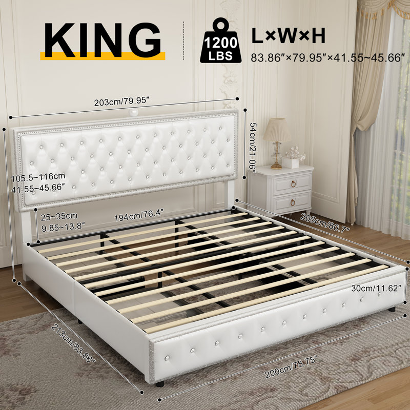 Vintage Upholstered Platform Bed Frame With Galaxy Projector, 4 Dust-Proof Storage Drawers, Nailhead Trim Adjustable Headboard, LED Bed Frame, No Box Spring Needed, Easy Assembly, Khyrell