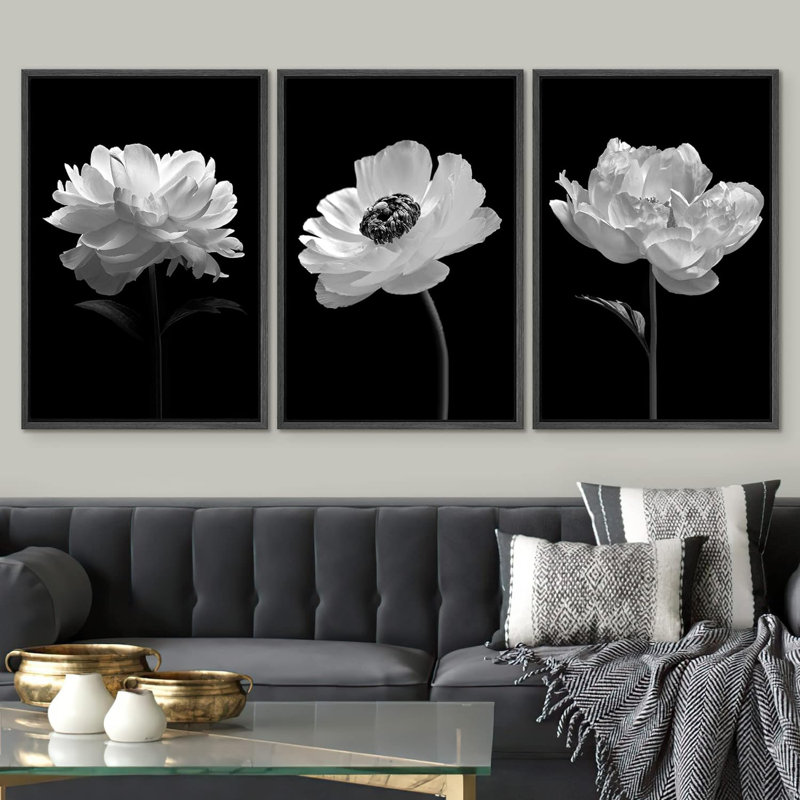 "Flower Blossom" noir et blanc coquelicot et œillet, nature morte, impression sur toile, 3 pièces, Noir