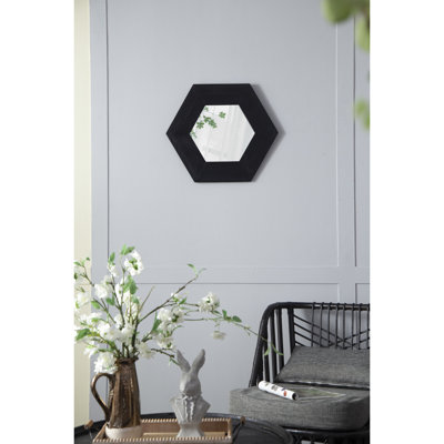 Miroir hexagonal 18,5 "avec cadre en bois, conception minimaliste pour murs de revêtement de salle de bain de couloir de salon