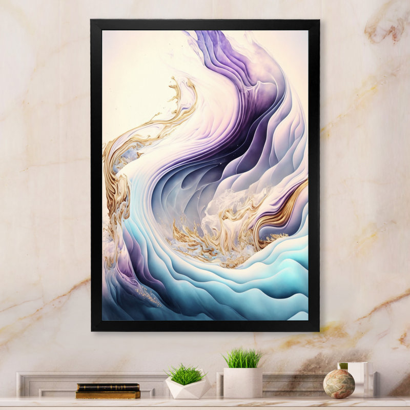 «Blue, Gold and Mauve Abstract Waves III», peinture sur toile, Impression noire sur toile encadrée
