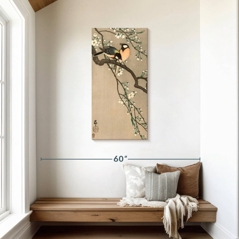 Oiseaux chanteurs sur une branche de cerisier, H 42 po x l 21 po