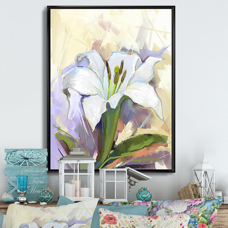 Fleur de lis blanc - peinture, H 20 po x l 12 po x P 1 po, Cadre flottant noir
