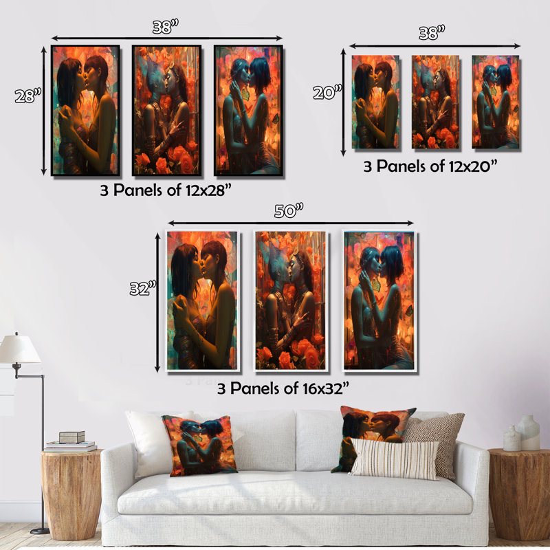 «Retro Portrait Of Lovers Kissing», 3 pièces sur toile, Toile tendue, H 20 po x l 36 po