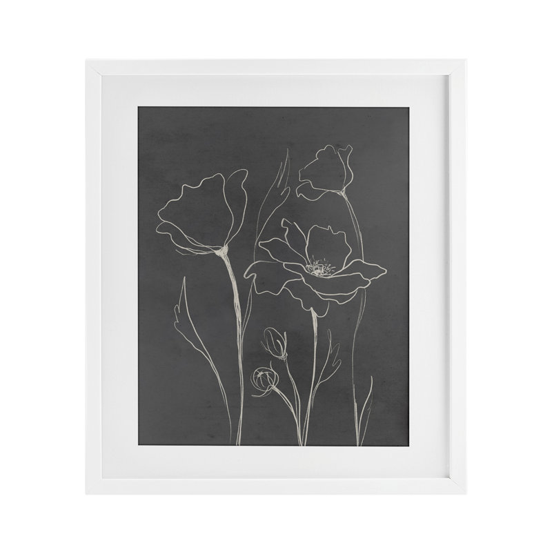 Coquelicots gris minimalistes, reproduction sous verre, conception par Elizabeth Medley, H 21 po x l 17 po