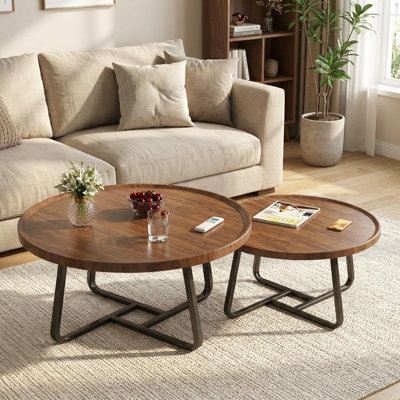 Ensemble de 2 tables basses rondes de style Mid-Century avec dessus en bois d'ingénierie et cadres en métal